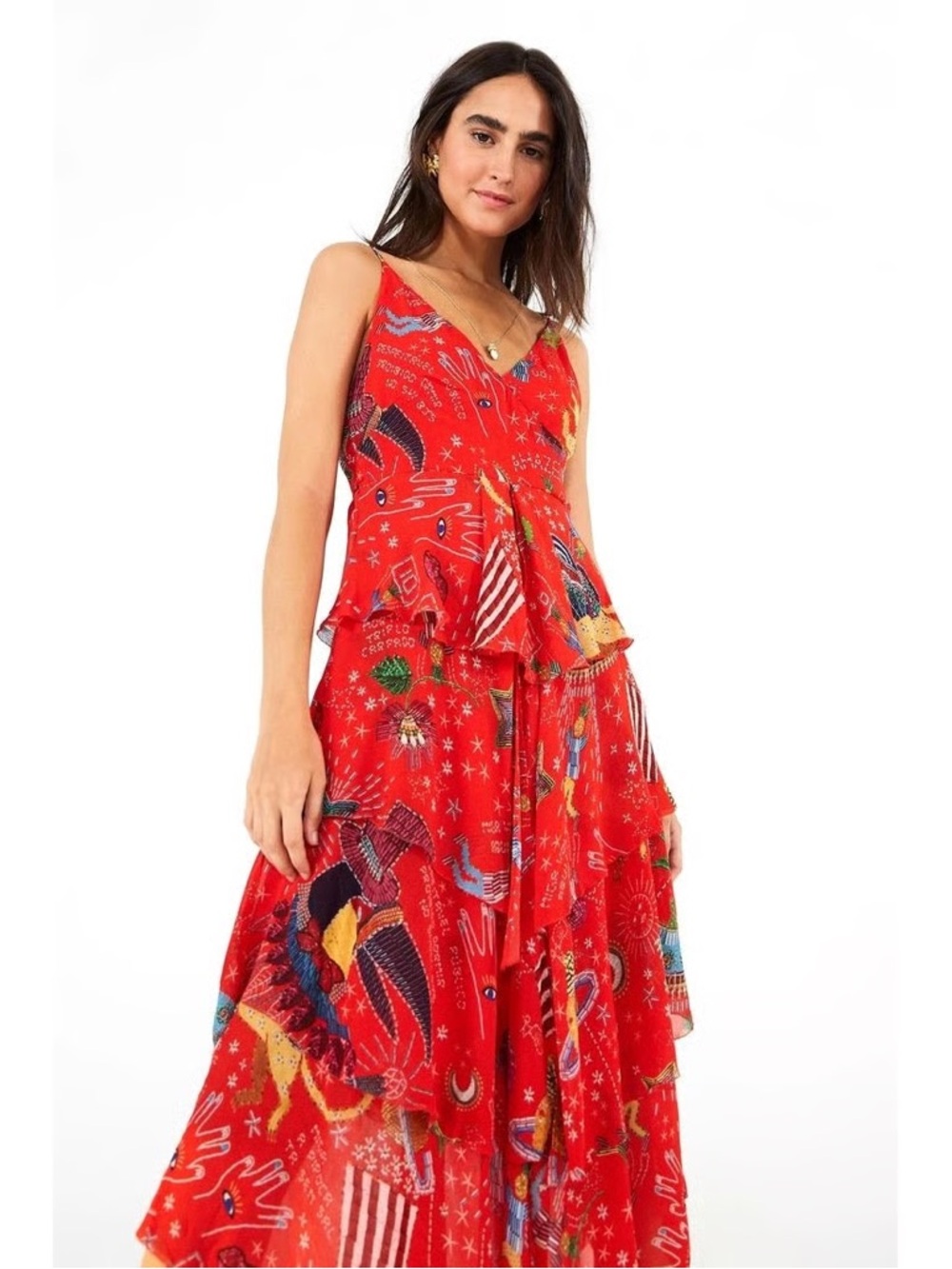 Farm Rio Red Spaghetti Strap Carnival Printed Midi Dress